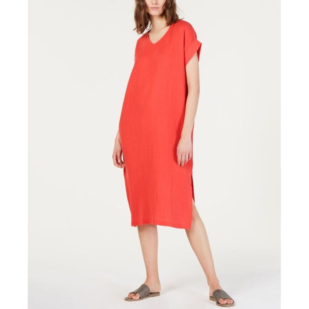 Eileen Fisher Red Organic Cotton Gauze V-Neck Midi Dress Womens Medium M
